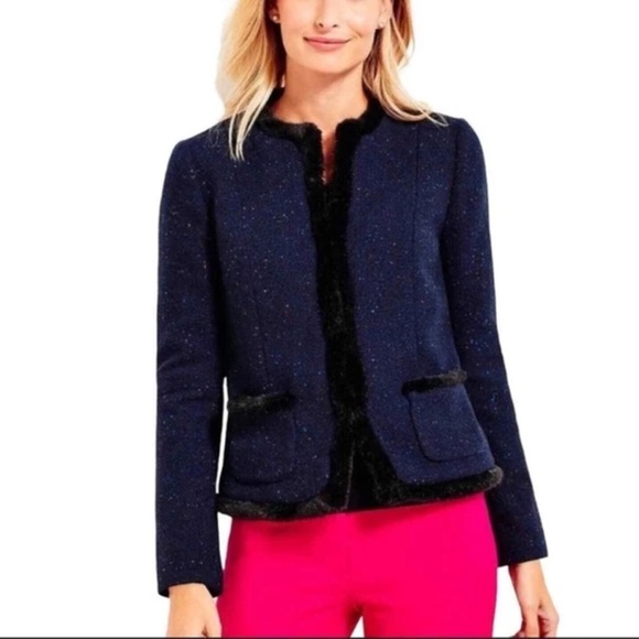 Talbots Speckled wool faux fur trim Navy blazer size 12p - Picture 2 of 12